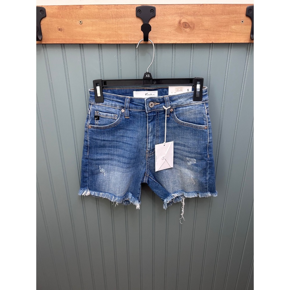 KanCan Womens High Rise Distressed Raw Hem Denim Shorts Medium Wash Blue Size S